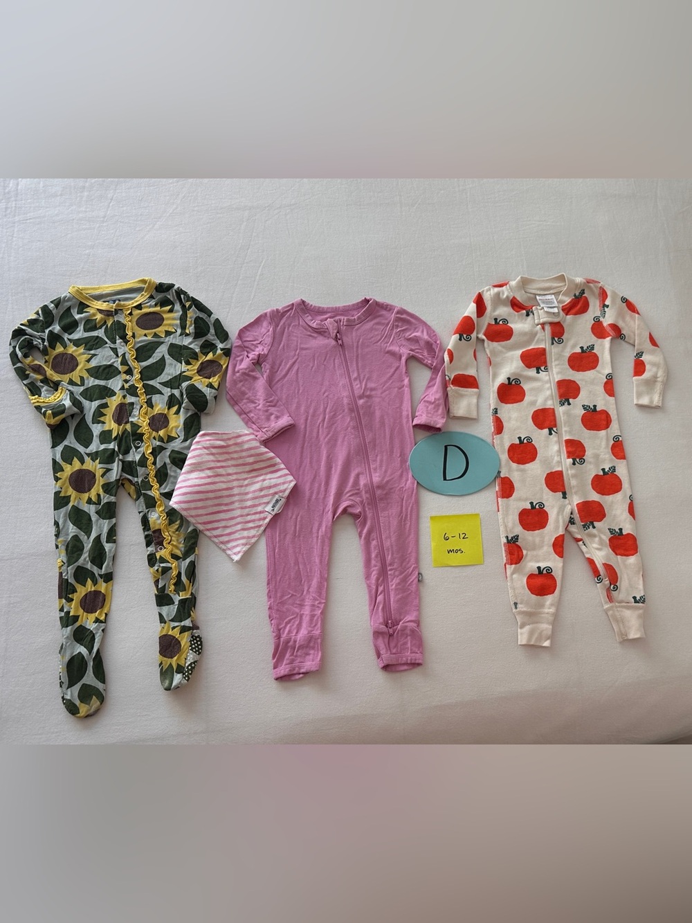 6-12 M - Baby Girl One-Piece Zipper Pajamas (3) + Bib Kerchief